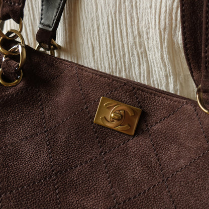 Chanel Vintage Dark Brown Quilted CC Turn lock Matelasse Shoulder Tote Bag