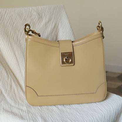 Celine Vintage Classic Beige Brown Leather Gancini Gold Buckle Shoulder Bag