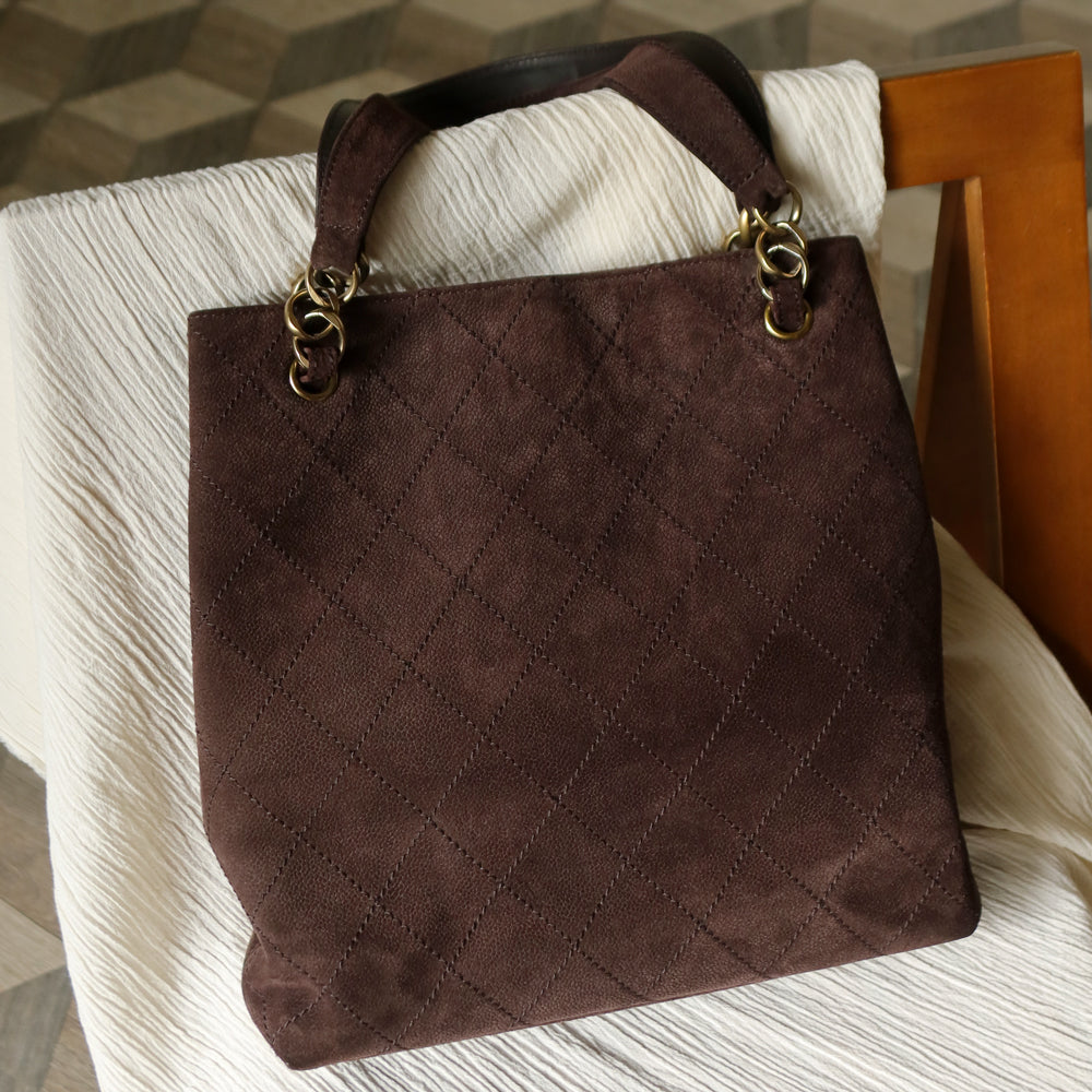 Chanel Vintage Dark Brown Quilted CC Turn lock Matelasse Shoulder Tote Bag