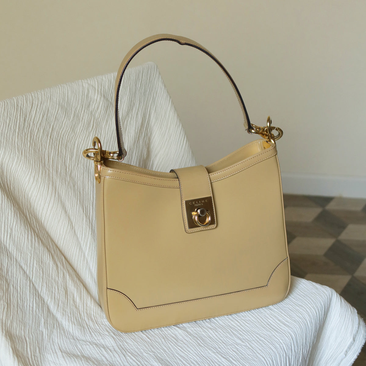 Celine Vintage Classic Beige Brown Leather Gancini Gold Buckle Shoulder Bag