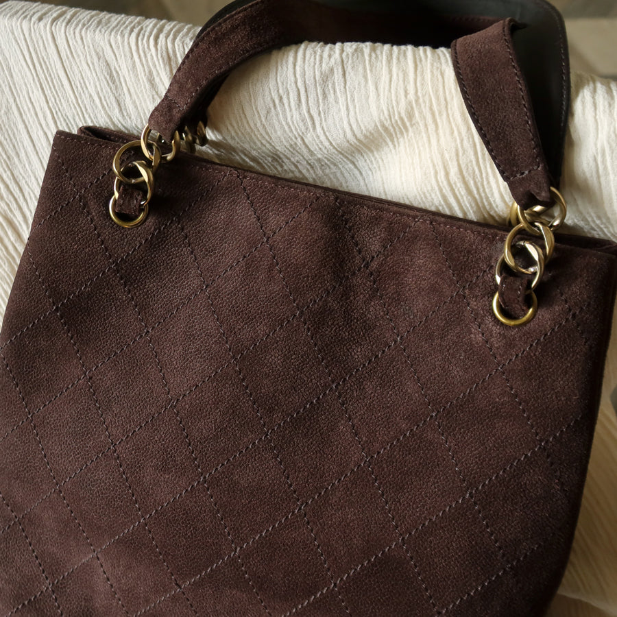 Chanel Vintage Dark Brown Quilted CC Turn lock Matelasse Shoulder Tote Bag