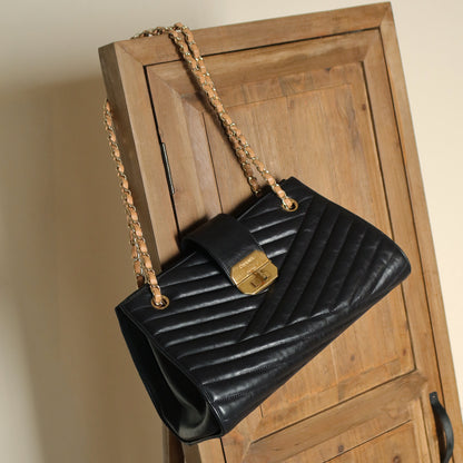 Chanel Vintage Black Lambskin 2.55 Chevron Gabrielle 2way Shoulder Bag