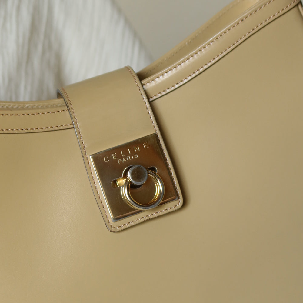 Celine Vintage Classic Beige Brown Leather Gancini Gold Buckle Shoulder Bag