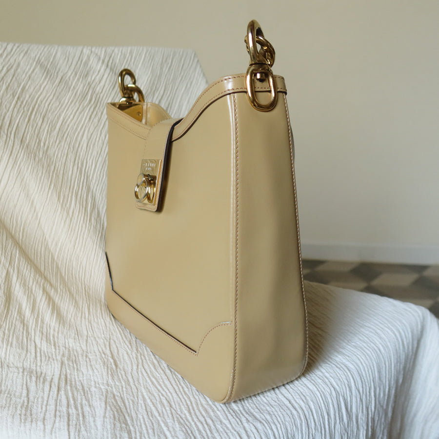 Celine Vintage Classic Beige Brown Leather Gancini Gold Buckle Shoulder Bag