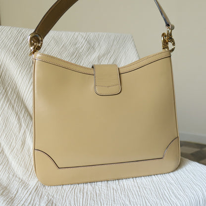 Celine Vintage Classic Beige Brown Leather Gancini Gold Buckle Shoulder Bag