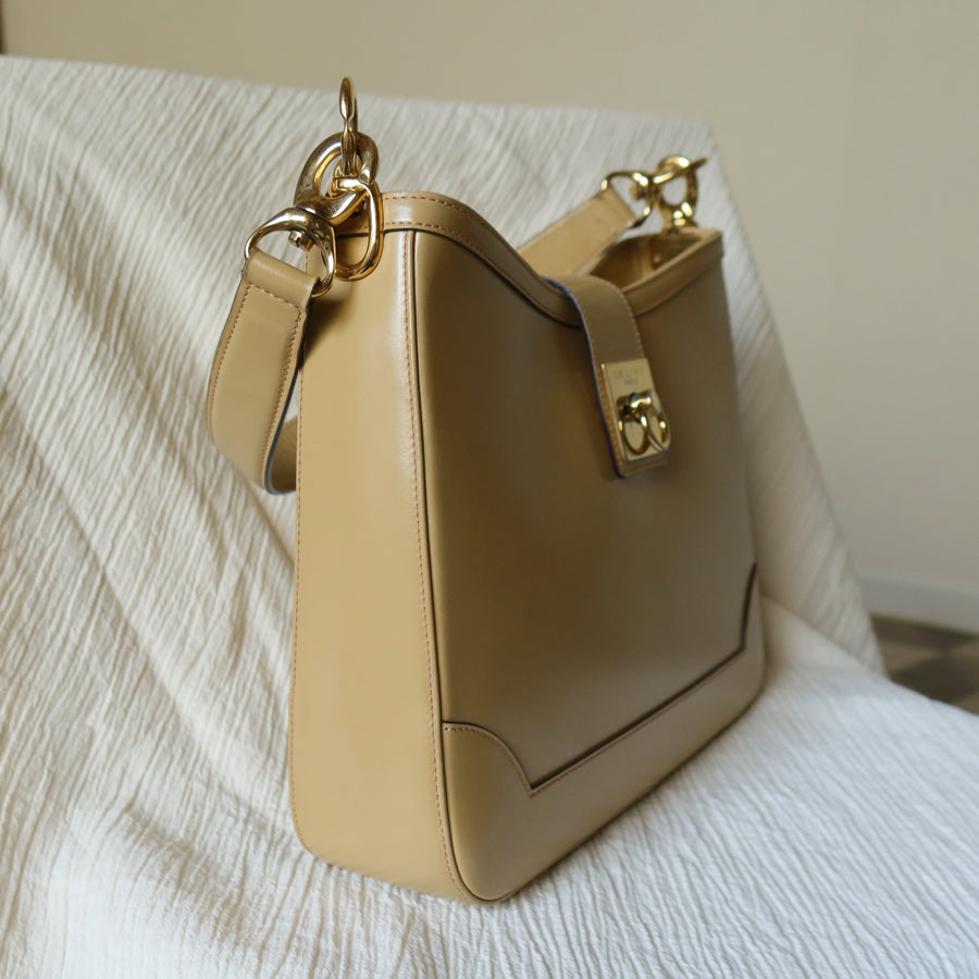 Celine Vintage Classic Beige Brown Leather Gancini Gold Buckle Shoulder Bag