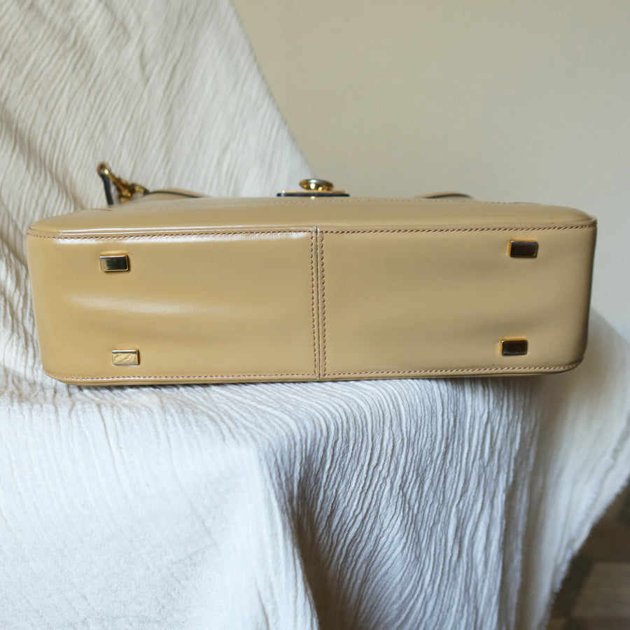 Celine Vintage Classic Beige Brown Leather Gancini Gold Buckle Shoulder Bag