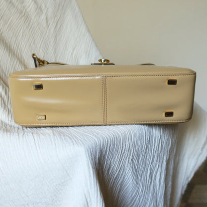 Celine Vintage Classic Beige Brown Leather Gancini Gold Buckle Shoulder Bag