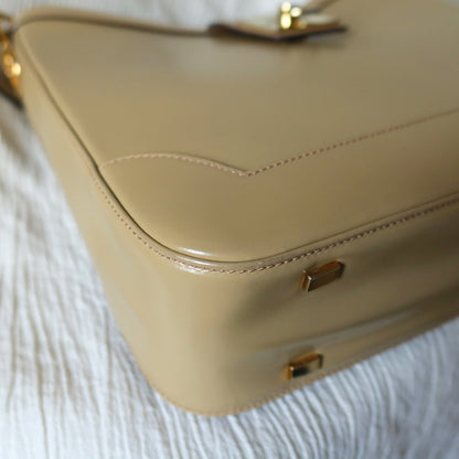 Celine Vintage Classic Beige Brown Leather Gancini Gold Buckle Shoulder Bag