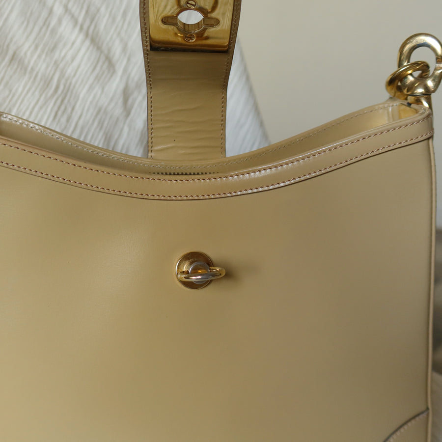 Celine Vintage Classic Beige Brown Leather Gancini Gold Buckle Shoulder Bag