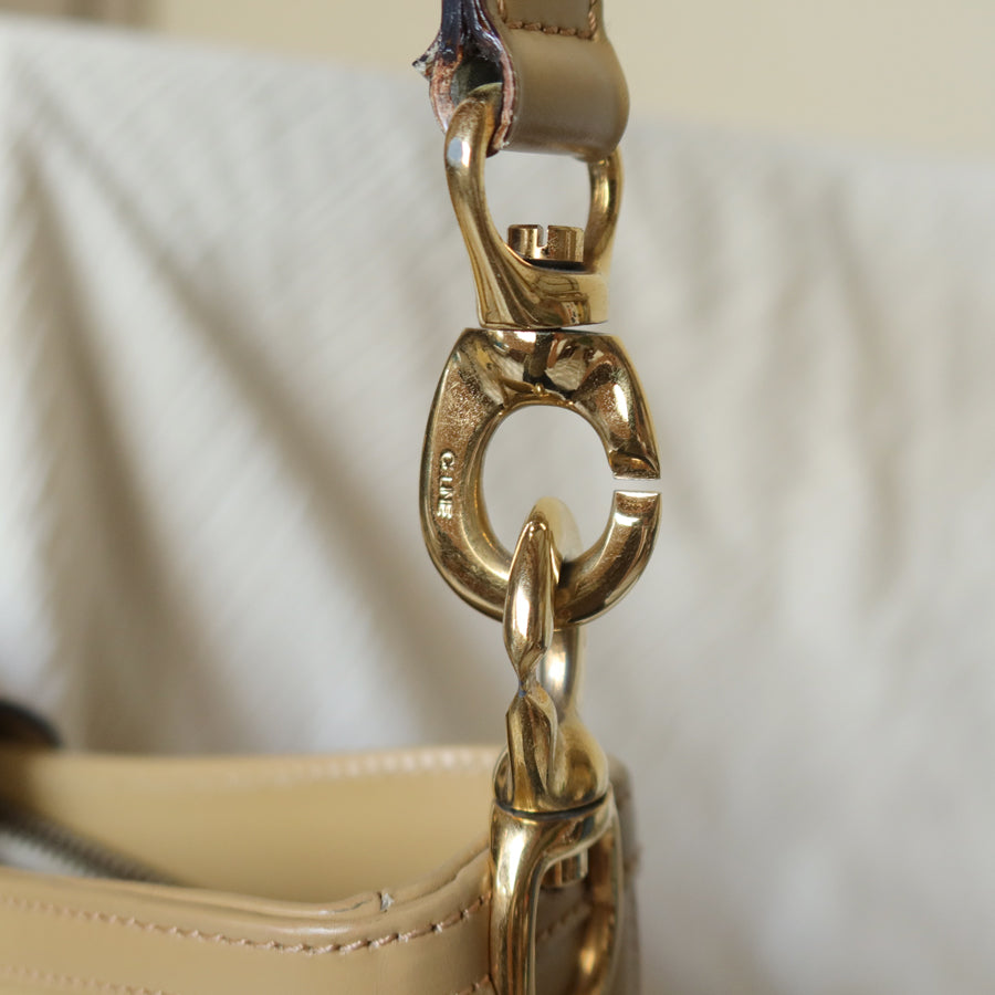 Celine Vintage Classic Beige Brown Leather Gancini Gold Buckle Shoulder Bag