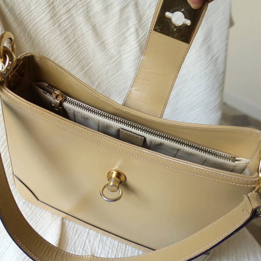 Celine Vintage Classic Beige Brown Leather Gancini Gold Buckle Shoulder Bag