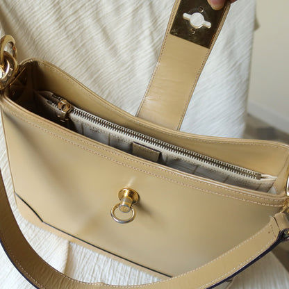 Celine Vintage Classic Beige Brown Leather Gancini Gold Buckle Shoulder Bag