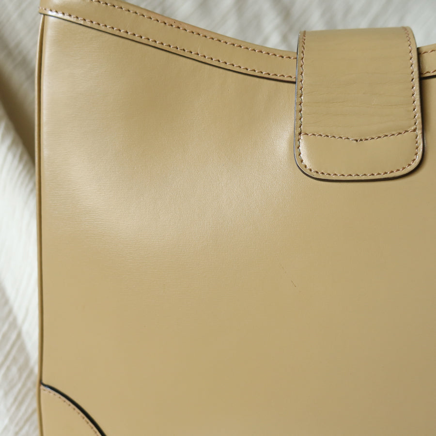 Celine Vintage Classic Beige Brown Leather Gancini Gold Buckle Shoulder Bag