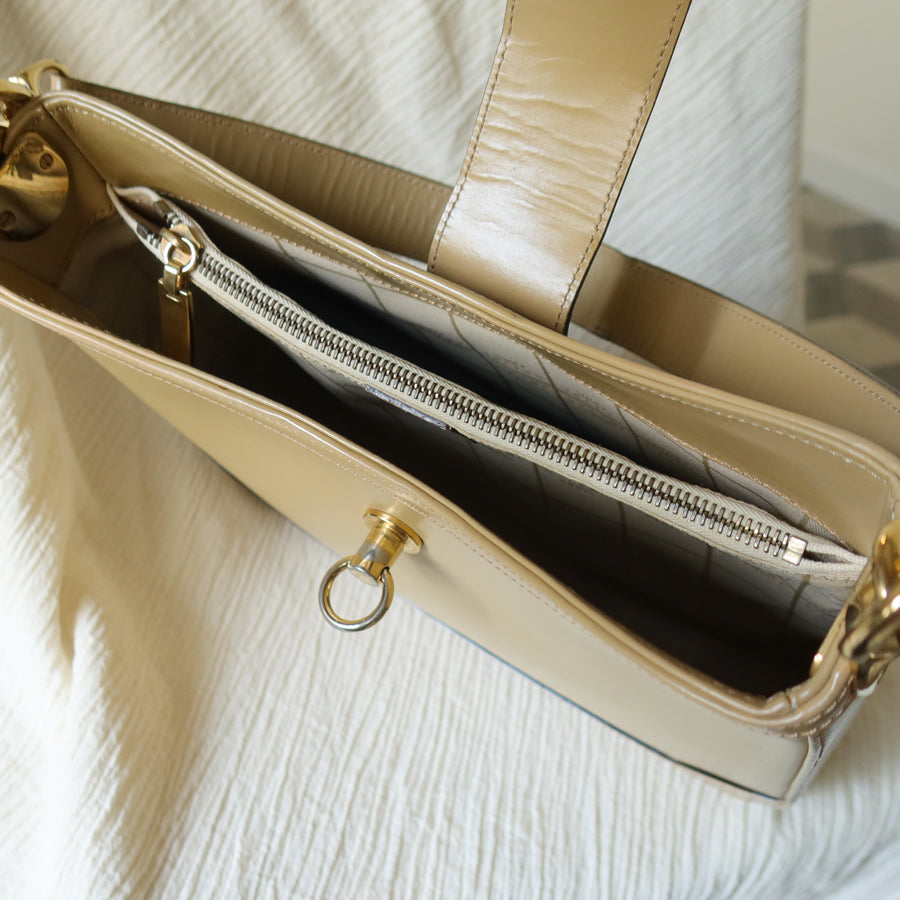Celine Vintage Classic Beige Brown Leather Gancini Gold Buckle Shoulder Bag