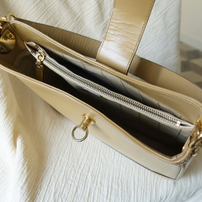 Celine Vintage Classic Beige Brown Leather Gancini Gold Buckle Shoulder Bag