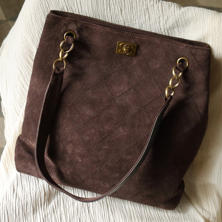 Chanel Vintage Dark Brown Quilted CC Turn lock Matelasse Shoulder Tote Bag