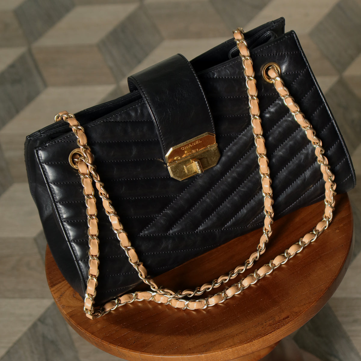 Chanel Vintage Black Lambskin 2.55 Chevron Gabrielle 2way Shoulder Bag