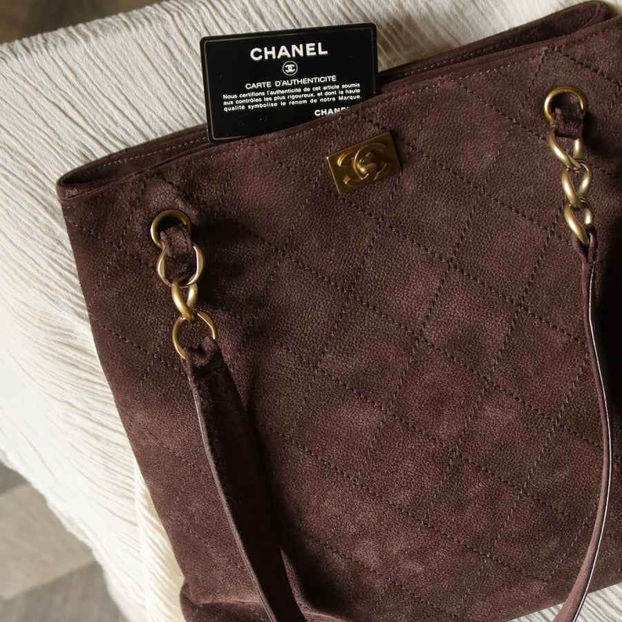 Chanel Vintage Dark Brown Quilted CC Turn lock Matelasse Shoulder Tote Bag