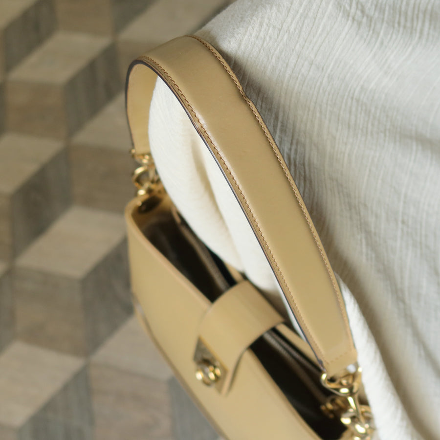 Celine Vintage Classic Beige Brown Leather Gancini Gold Buckle Shoulder Bag