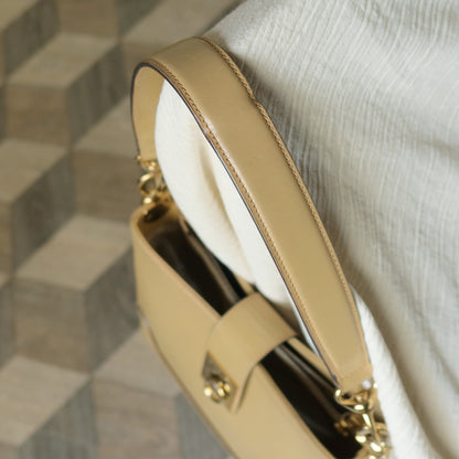 Celine Vintage Classic Beige Brown Leather Gancini Gold Buckle Shoulder Bag