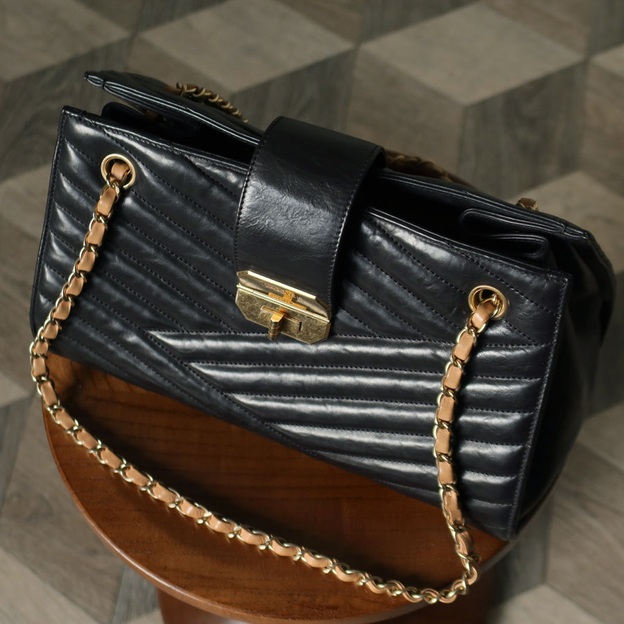 Chanel Vintage Black Lambskin 2.55 Chevron Gabrielle 2way Shoulder Bag