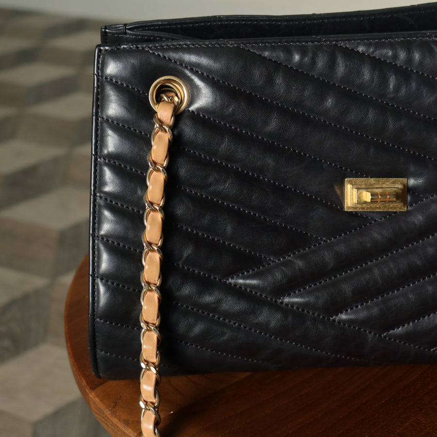Chanel Vintage Black Lambskin 2.55 Chevron Gabrielle 2way Shoulder Bag