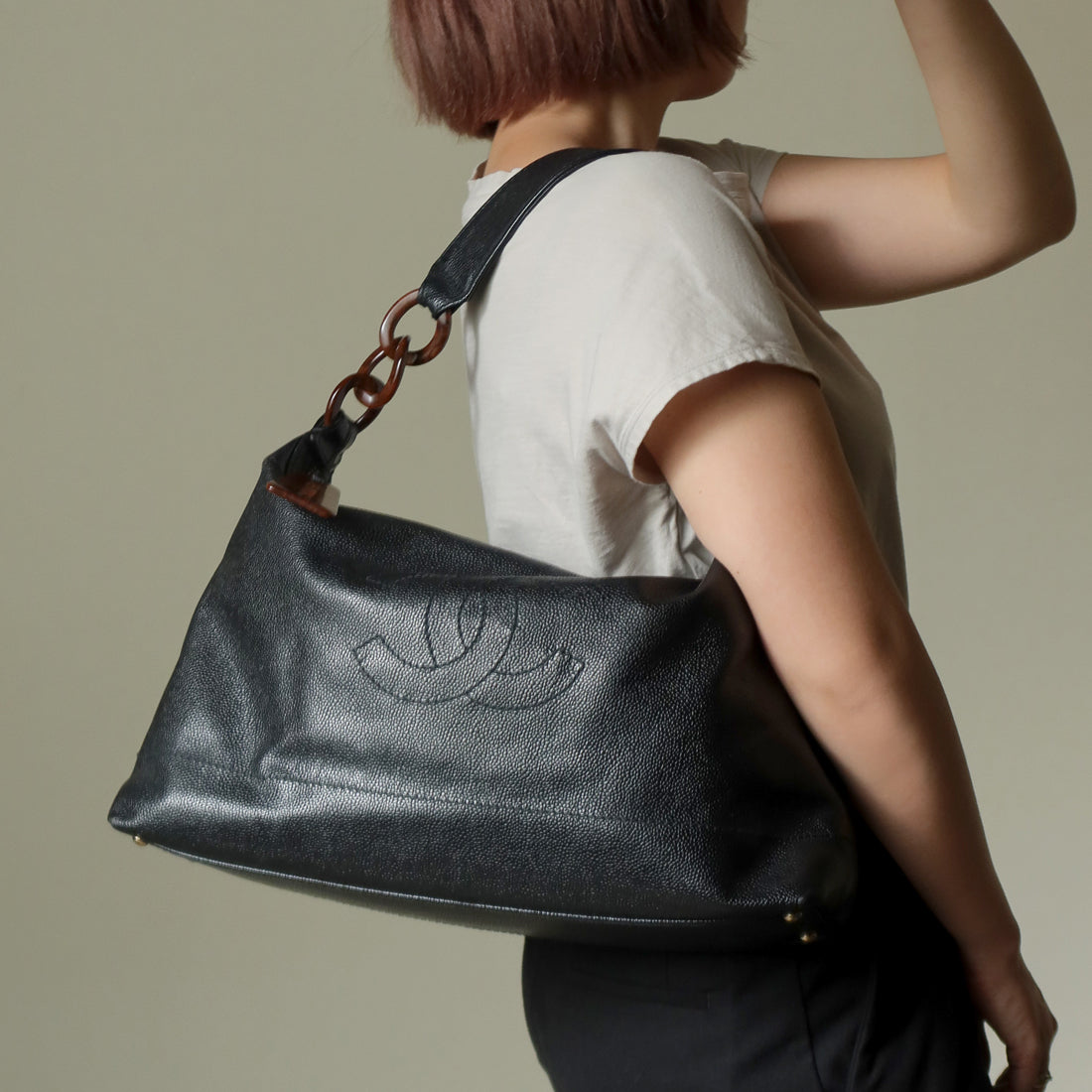 Chanel Vintage Black Caviar Leather Coco Mark Large Hobo Shoulder Bag