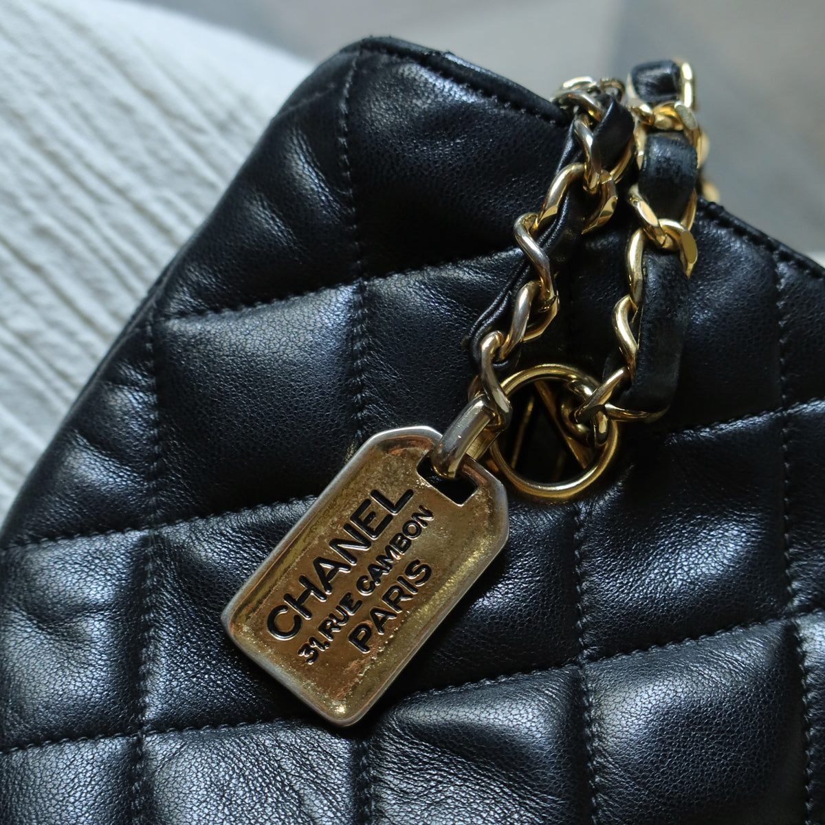 Vintage Chanel Black Lambskin Diamond Quilted CC charm Basket style Shoulder Bag