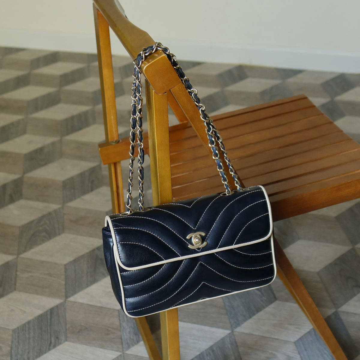 Vintage Chanel Two Tone Chervon wave stitching CC Turn lock Classic Flap Bag