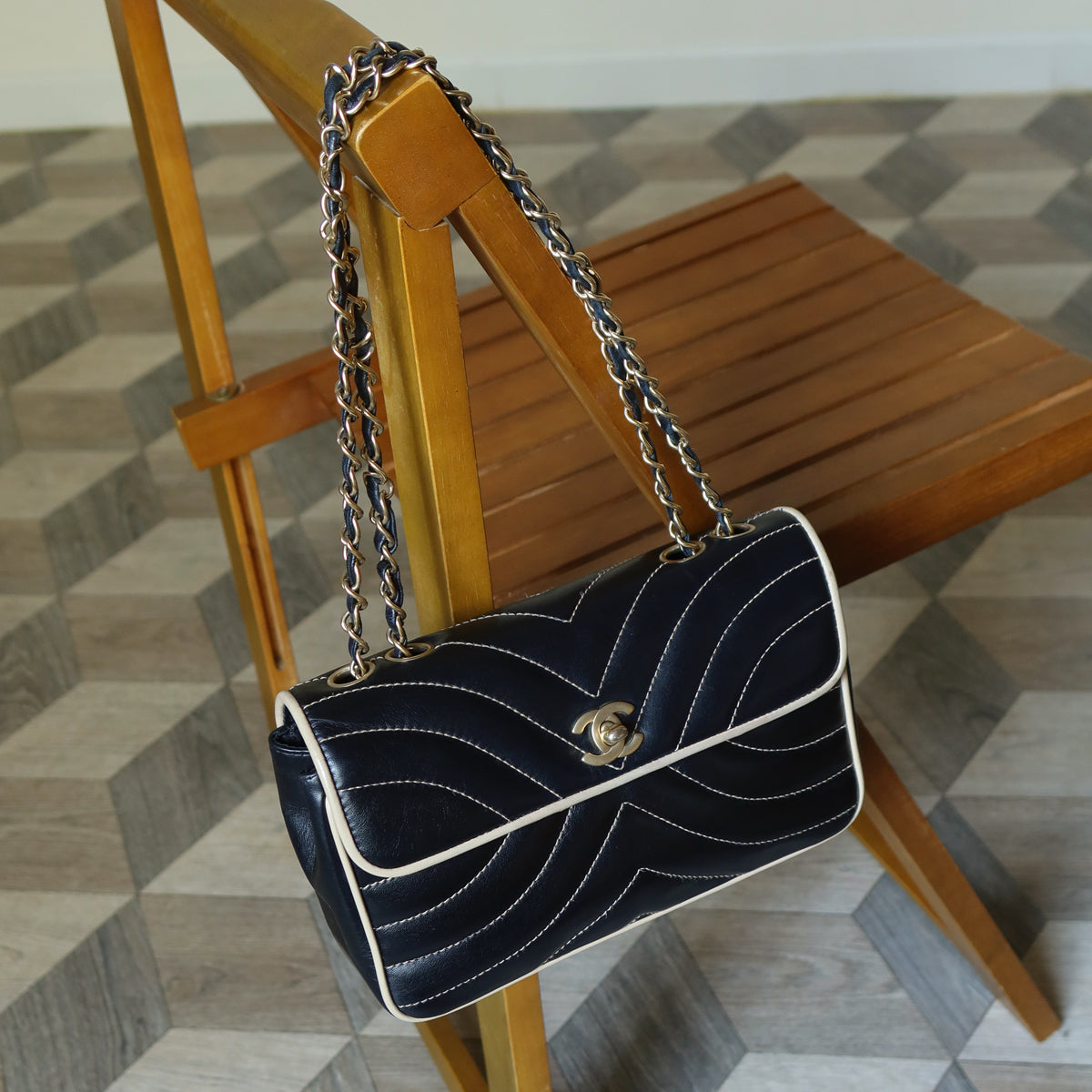 Vintage Chanel Two Tone Chervon wave stitching CC Turn lock Classic Flap Bag