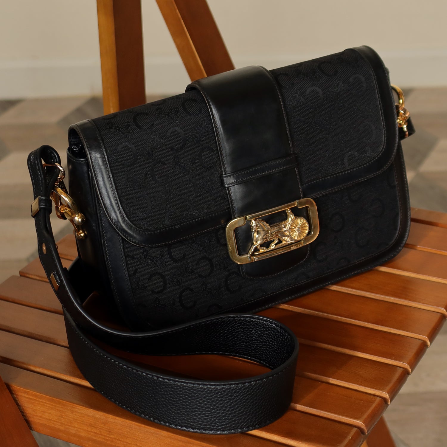 Celine Vintage Black Leather C Macadam Horse Carriage Shoulder Bag