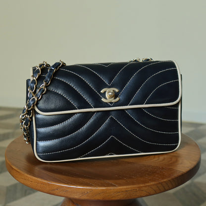Vintage Chanel Two Tone Chervon wave stitching CC Turn lock Classic Flap Bag