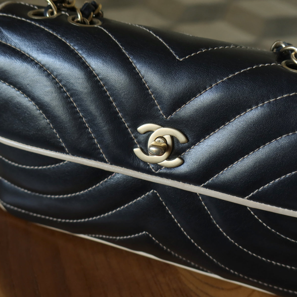 Vintage Chanel Two Tone Chervon wave stitching CC Turn lock Classic Flap Bag