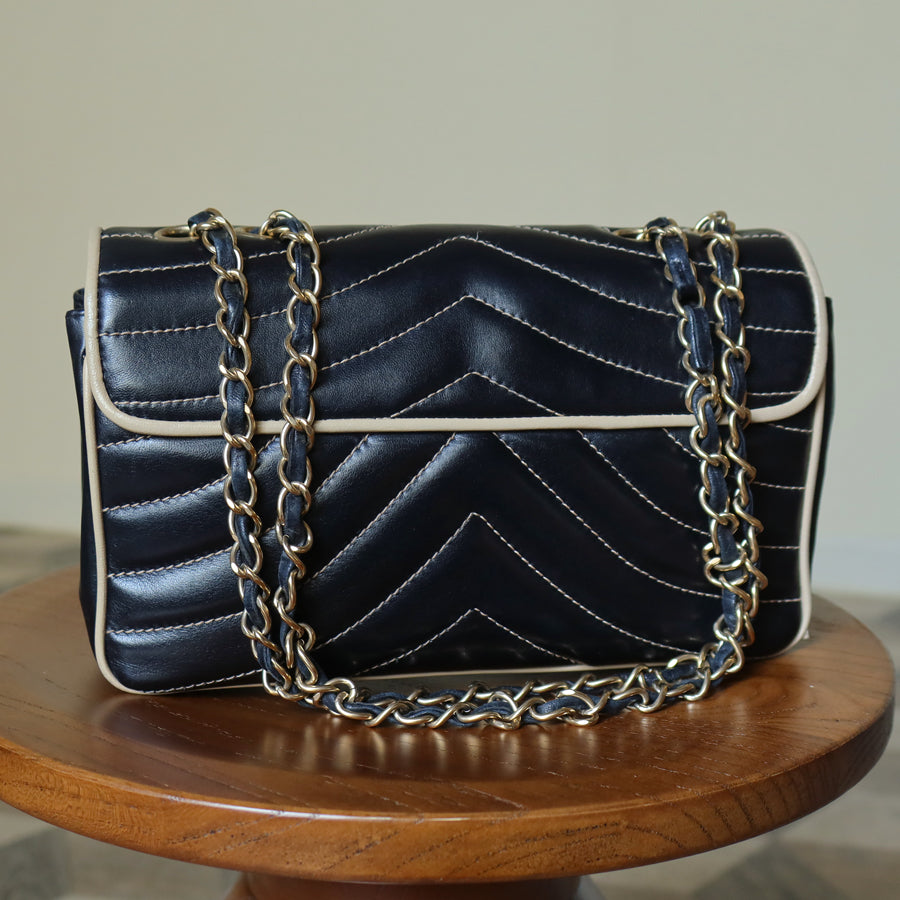 Vintage Chanel Two Tone Chervon wave stitching CC Turn lock Classic Flap Bag