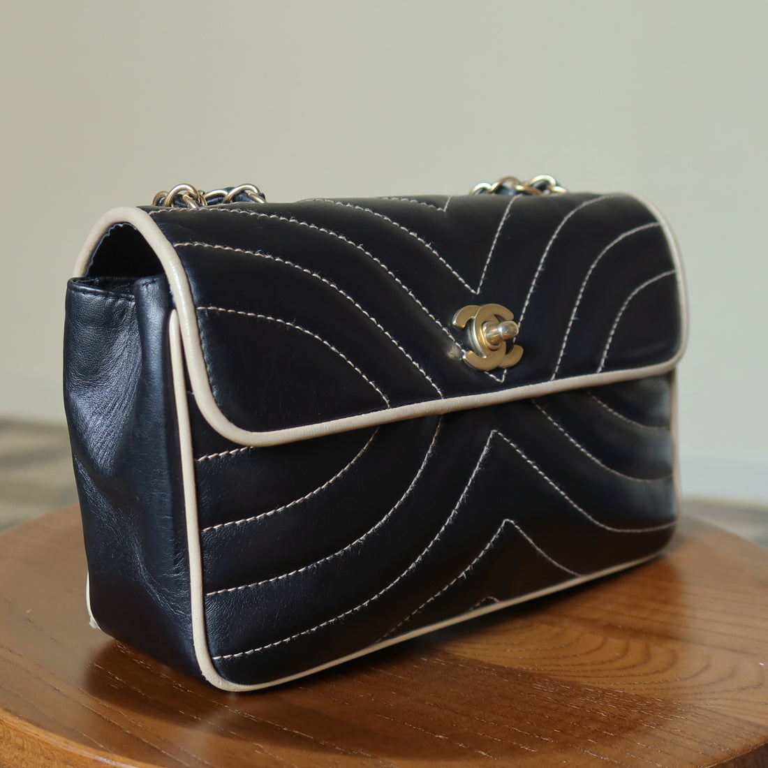 Vintage Chanel Two Tone Chervon wave stitching CC Turn lock Classic Flap Bag