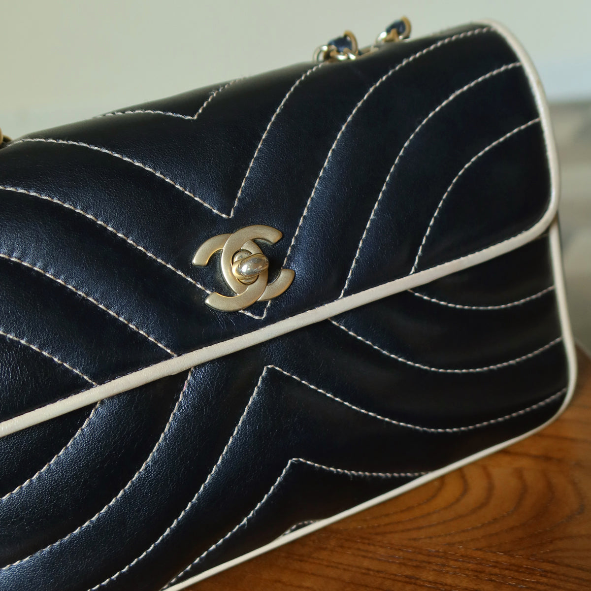 Vintage Chanel Two Tone Chervon wave stitching CC Turn lock Classic Flap Bag