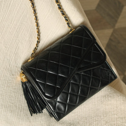 Chanel Vintage Black Lambskin Diamond quilted Tassel Asymmetrical Double Flap Bag