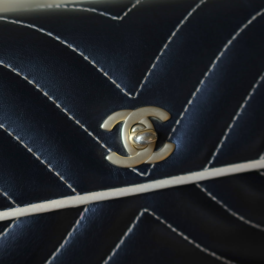 Vintage Chanel Two Tone Chervon wave stitching CC Turn lock Classic Flap Bag