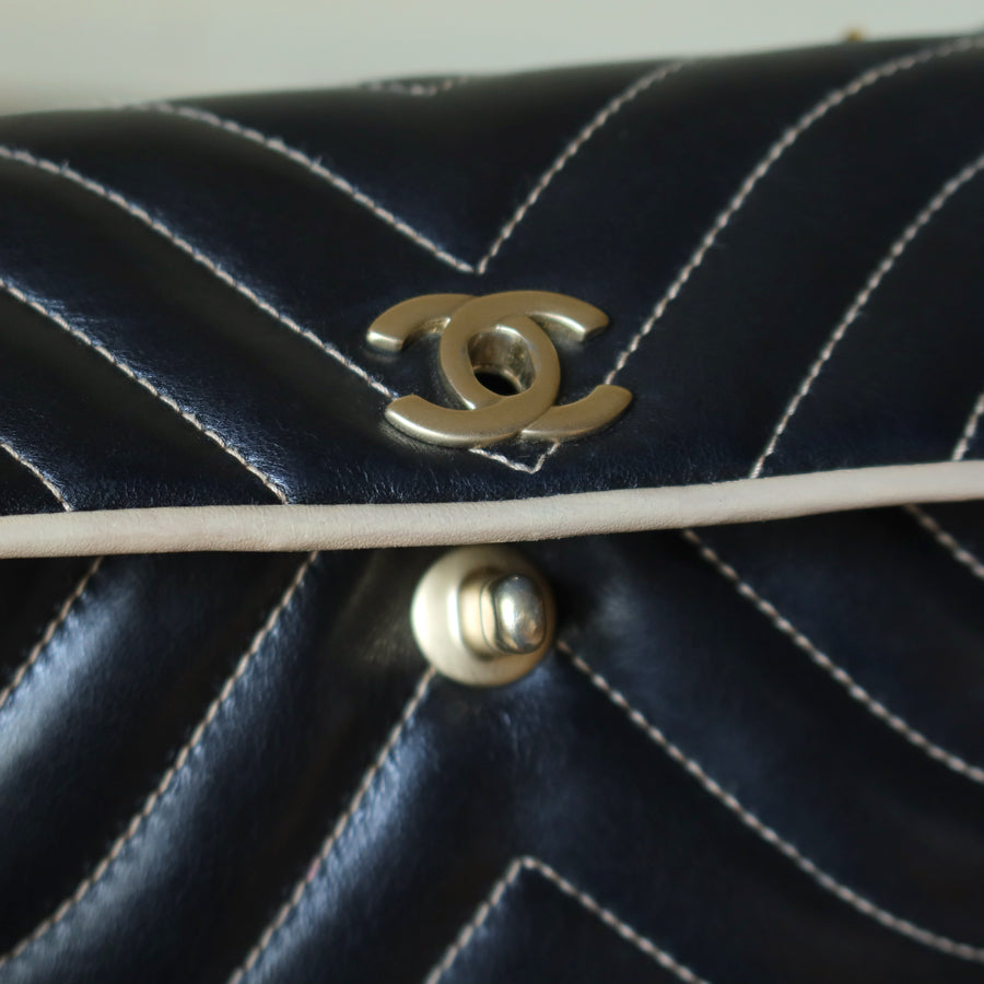 Vintage Chanel Two Tone Chervon wave stitching CC Turn lock Classic Flap Bag