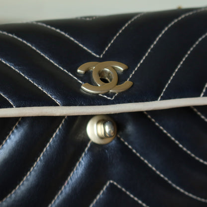 Vintage Chanel Two Tone Chervon wave stitching CC Turn lock Classic Flap Bag