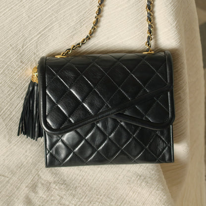 Chanel Vintage Black Lambskin Diamond quilted Tassel Asymmetrical Double Flap Bag