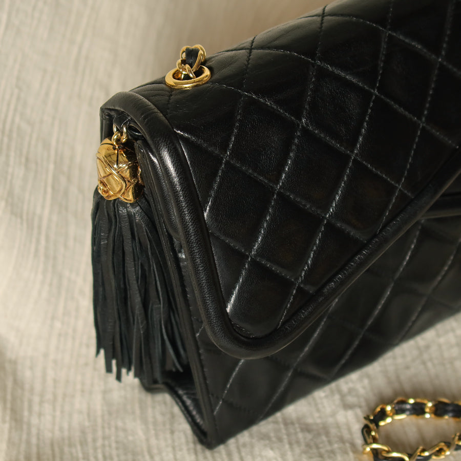 Chanel Vintage Black Lambskin Diamond quilted Tassel Asymmetrical Double Flap Bag