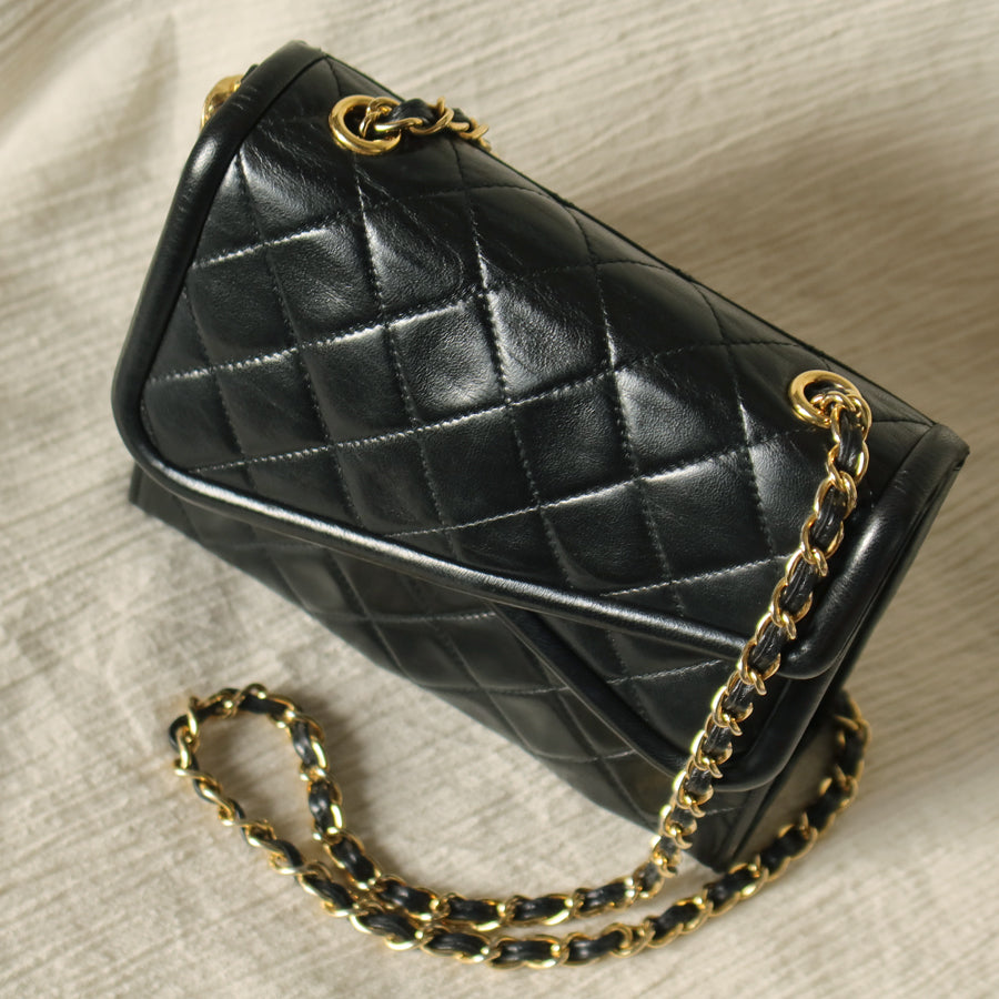 Chanel Vintage Black Lambskin Diamond quilted Tassel Asymmetrical Double Flap Bag
