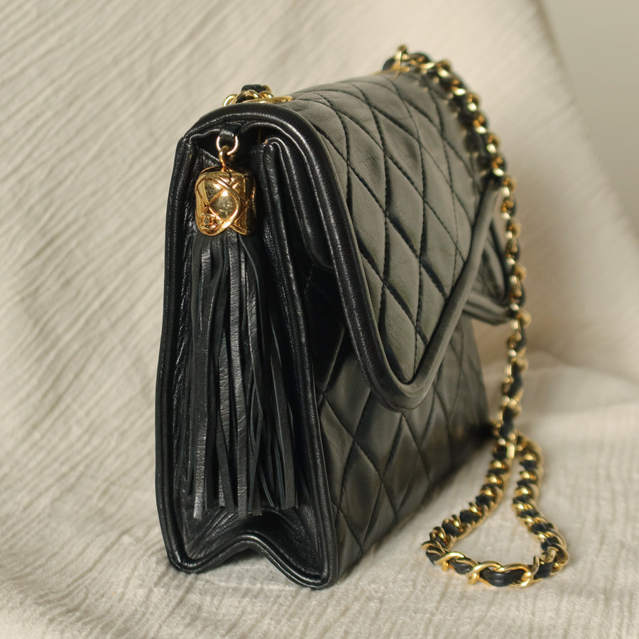Chanel Vintage Black Lambskin Diamond quilted Tassel Asymmetrical Double Flap Bag