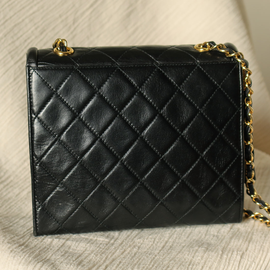 Chanel Vintage Black Lambskin Gold Tassel Asymmetrical Double Flap Bag