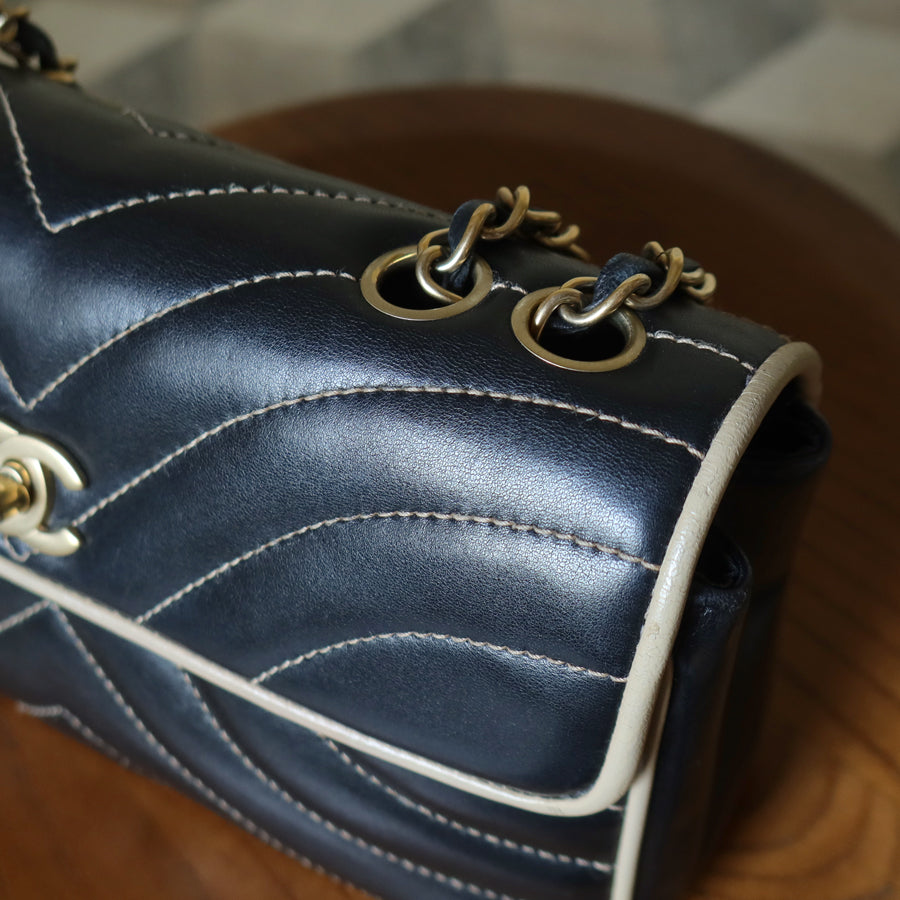 Vintage Chanel Two Tone Chervon wave stitching CC Turn lock Classic Flap Bag