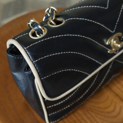 Vintage Chanel Two Tone Chervon wave stitching CC Turn lock Classic Flap Bag