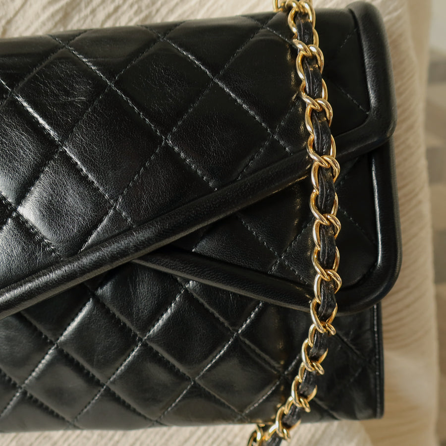 Chanel Vintage Black Lambskin Gold Tassel Asymmetrical Double Flap Bag