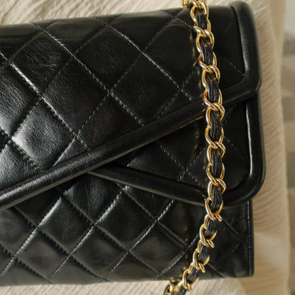 Chanel Vintage Black Lambskin Gold Tassel Asymmetrical Double Flap Bag